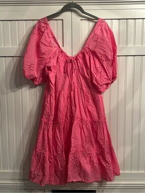Savida Bright Pink Puff-Sleeve Off-the-Shoulder Eyelet Dress XL NWT